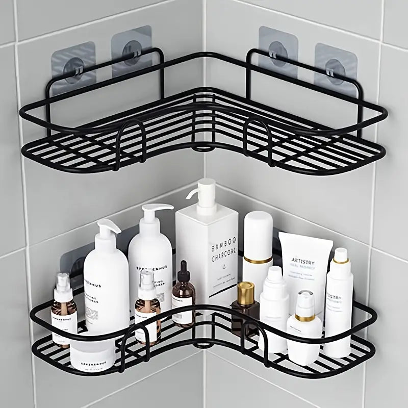 2pcs Punch-free Shower Corner Caddy, Toilet Corner Shelf, Toiletry Rack, Washroom Triangle Storage Rack, Wall Mounted Storage Rack For Bathroom